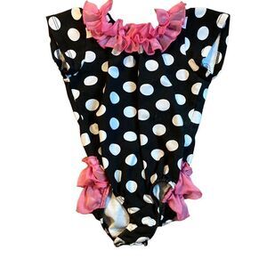 Reflectionz Leotard Black White Polka Dot Bright Pink Ruffle Accents Size 18 Mon